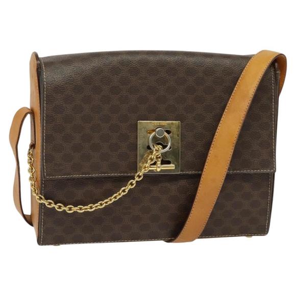CELINE Macadam Canvas Shoulder Bag PVC Leather Brown Gold Auth 126661 - Picture 1 of 16